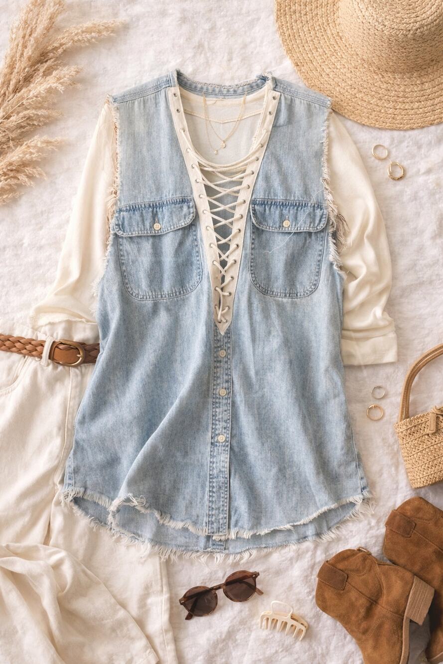 Furst of a Kind Lace Up Denim Chambray Repurposed Sleeveless Top/Tunic One Size